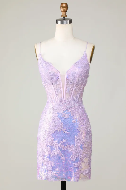 Bling Bodycon Spaghetti Straps Purple Corset Homecoming Dress with Criss Cross Back sold by Zapaka