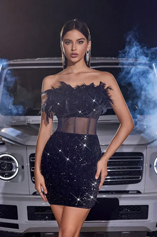 Sparkly Black Strapless Corset Tight Homecoming Dress with Feathers sold by Zapaka