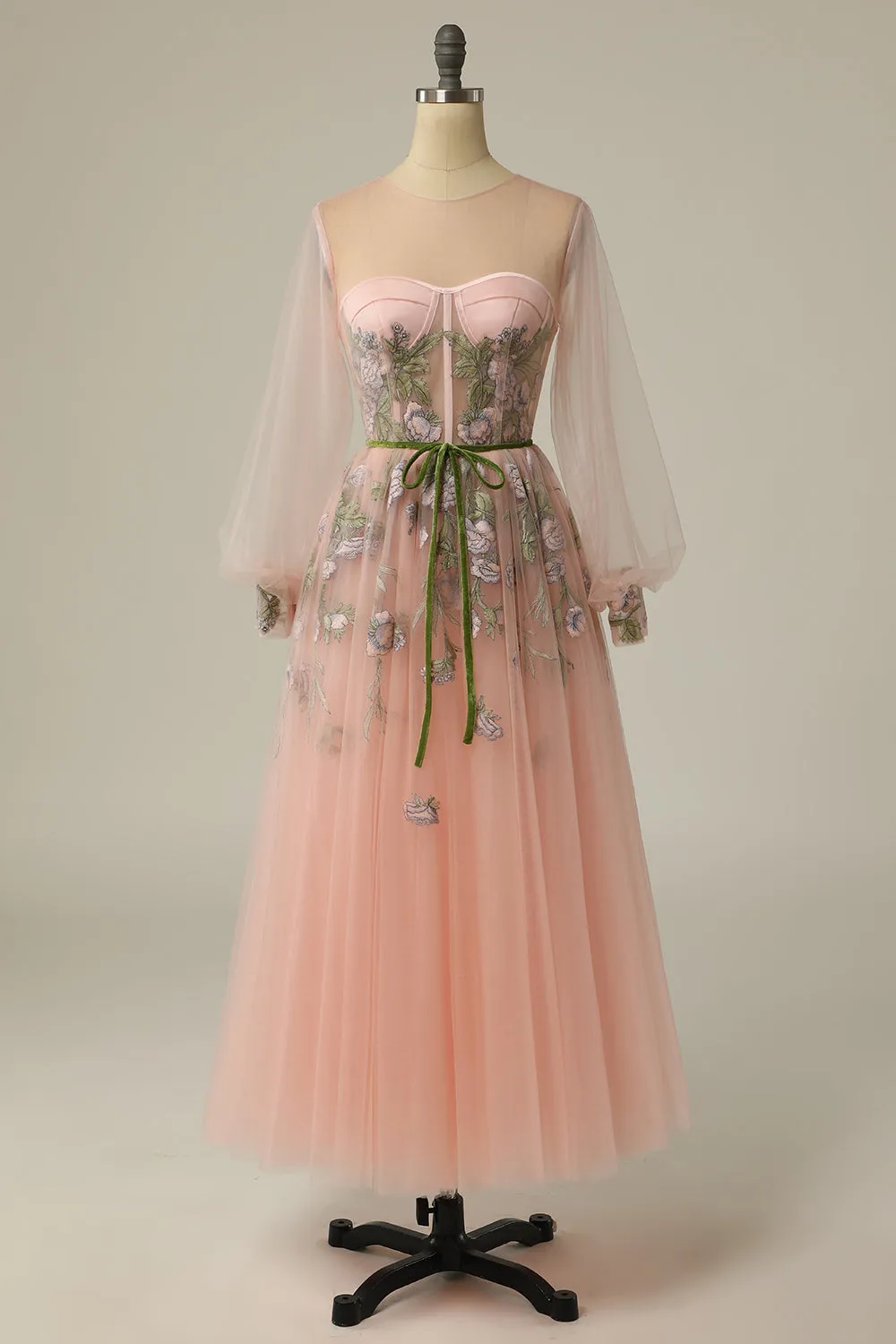 A Line Jewel Light Nude Long Prom Dress with Embroidery sold by Zapaka