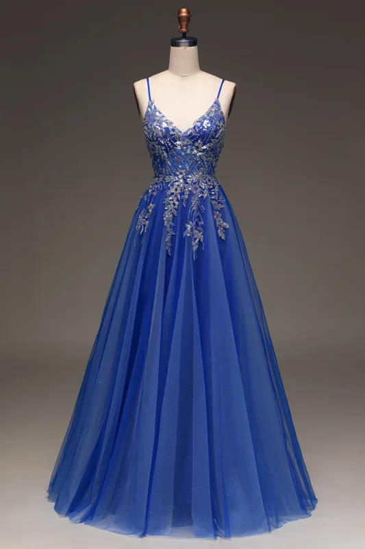 A-Line Sequins Royal Blue Prom Dress with Appliques sold by Zapaka