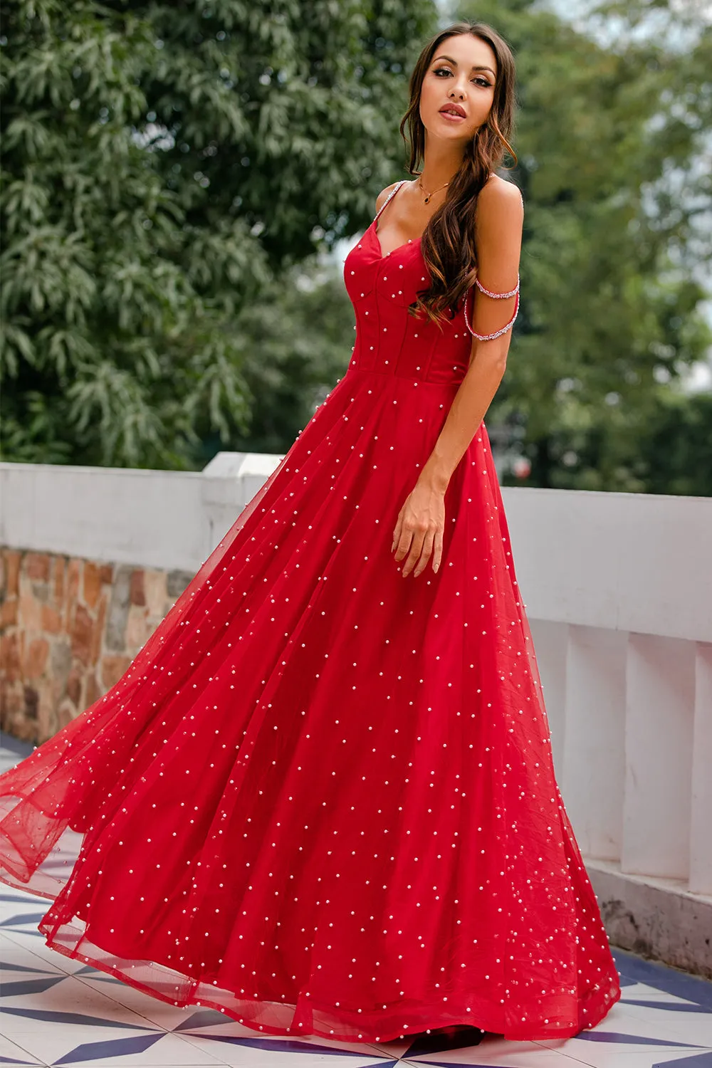 Red Beaded Long Prom Dress sold by Zapaka product image thumbnail 3
