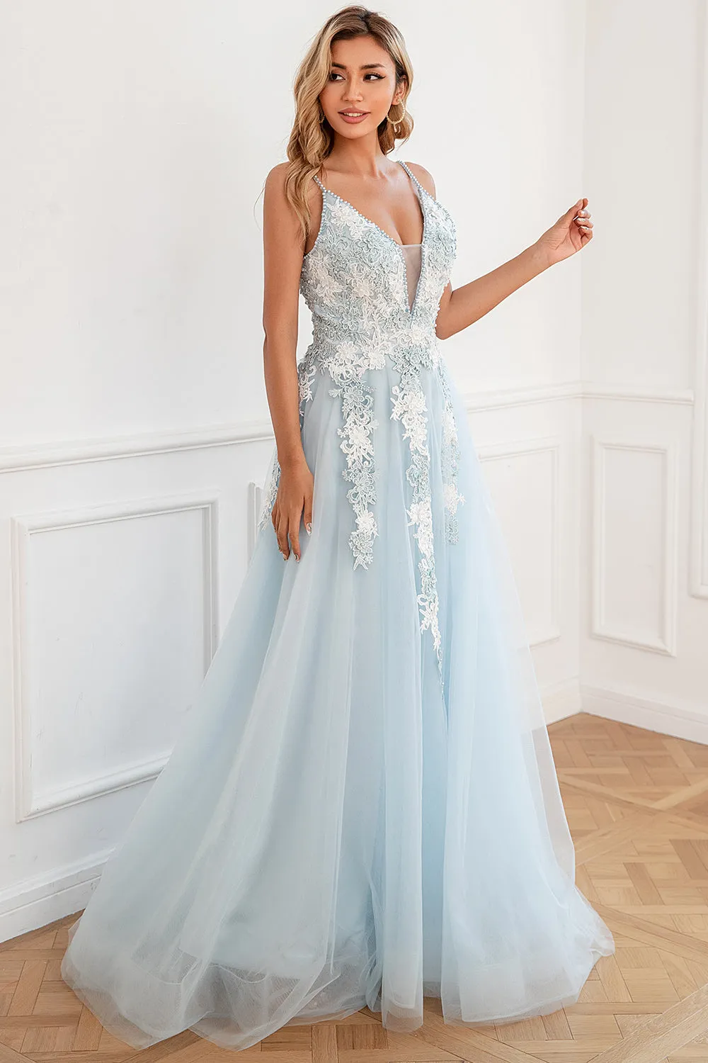 Light Blue Appliques Tulle Prom Dress sold by Zapaka product image thumbnail 4
