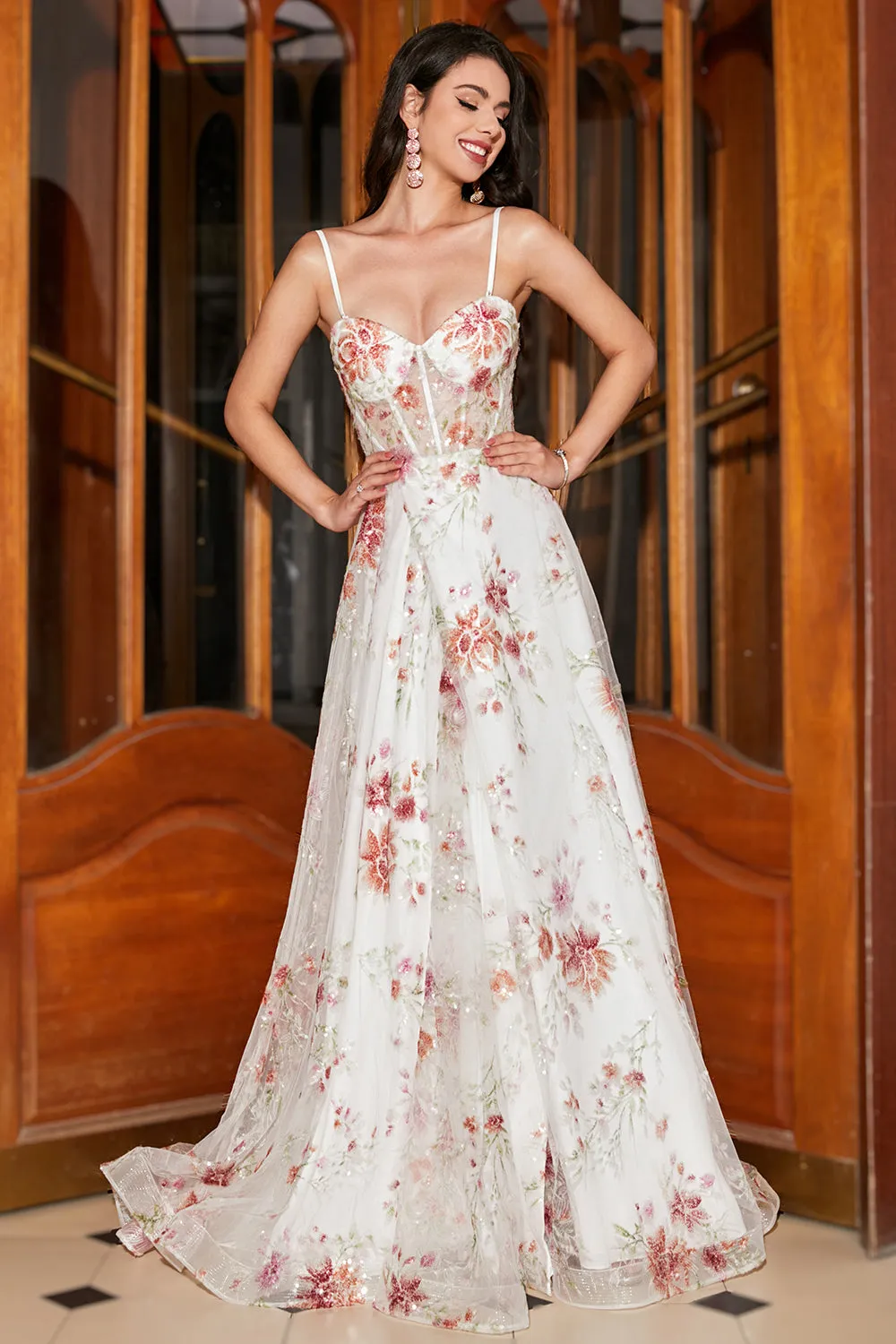 Embroidered Ivory Flower Long Corset Prom Dress with Slit sold by Zapaka product image thumbnail 3
