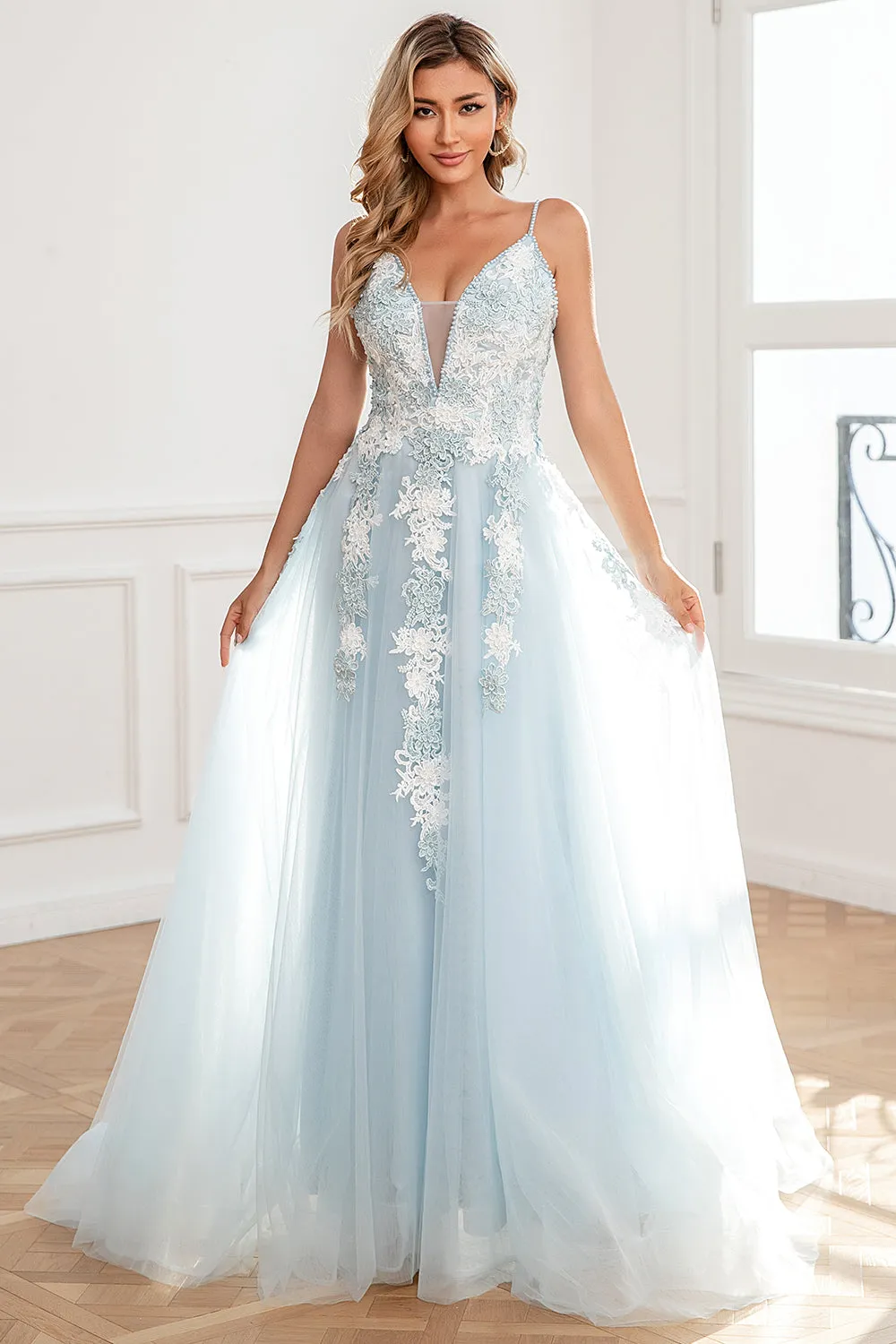 Light Blue Appliques Tulle Prom Dress sold by Zapaka product image thumbnail 3