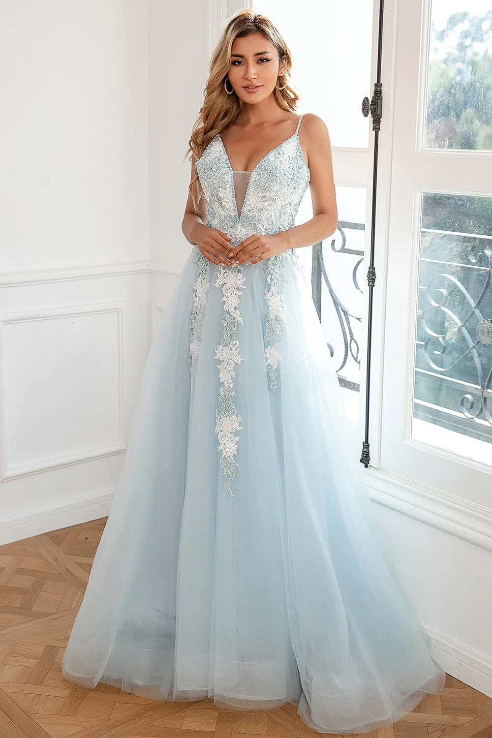 Light Blue Appliques Tulle Prom Dress sold by Zapaka