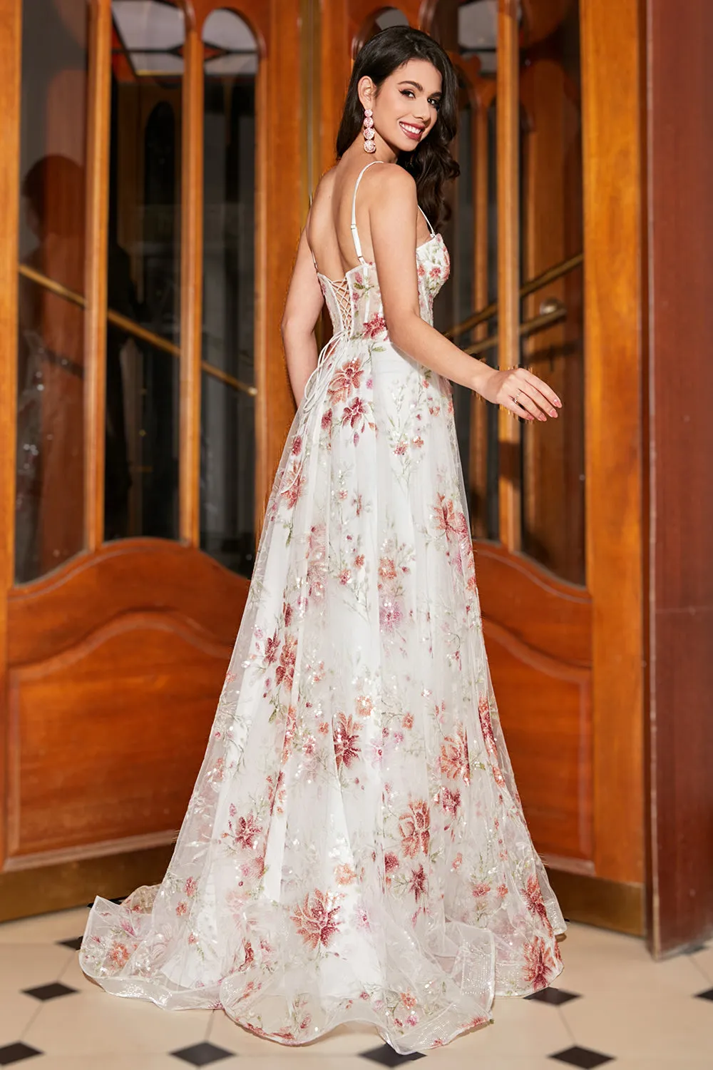 Embroidered Ivory Flower Long Corset Prom Dress with Slit sold by Zapaka product image thumbnail 2