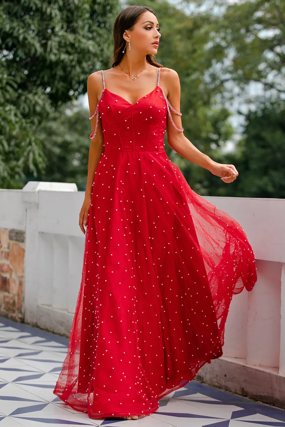 Red Beaded Long Prom Dress sold by Zapaka product image thumbnail 4