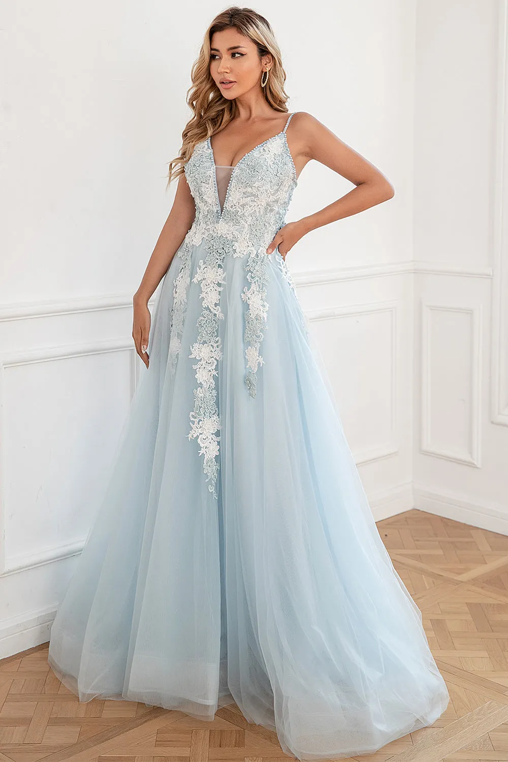 Light Blue Appliques Tulle Prom Dress sold by Zapaka product image thumbnail 5
