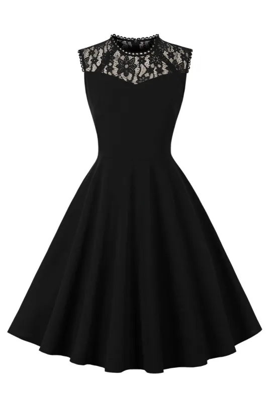 Boat Neck Sleeveless Black Vintage Dress with Lace sold by Zapaka