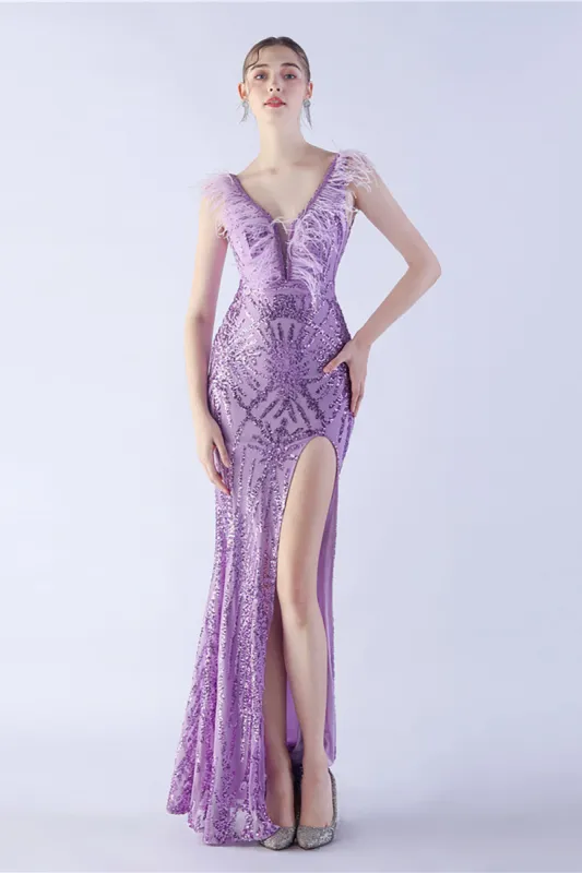 Lilac Mermaid V Neck Side Slit Beaded Evening Dress With Feather sold by Zapaka