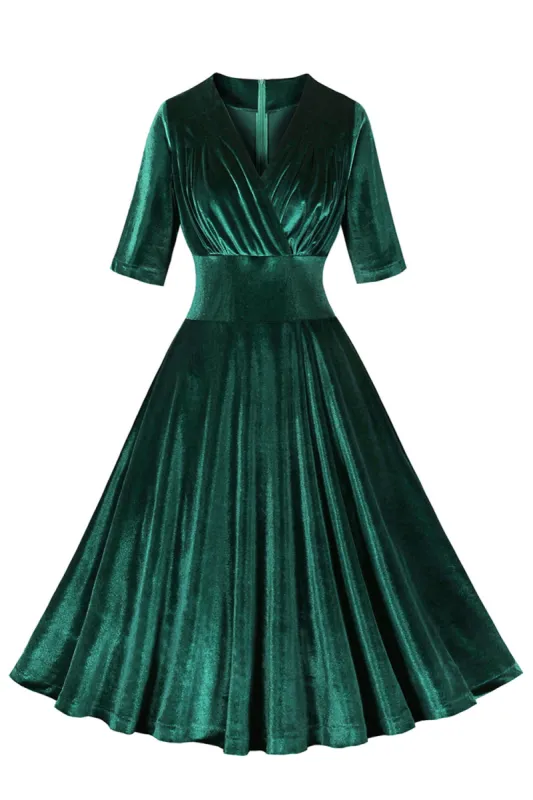 Dark Green Velvet V Neck Ruffled 1950s Dress sold by Zapaka