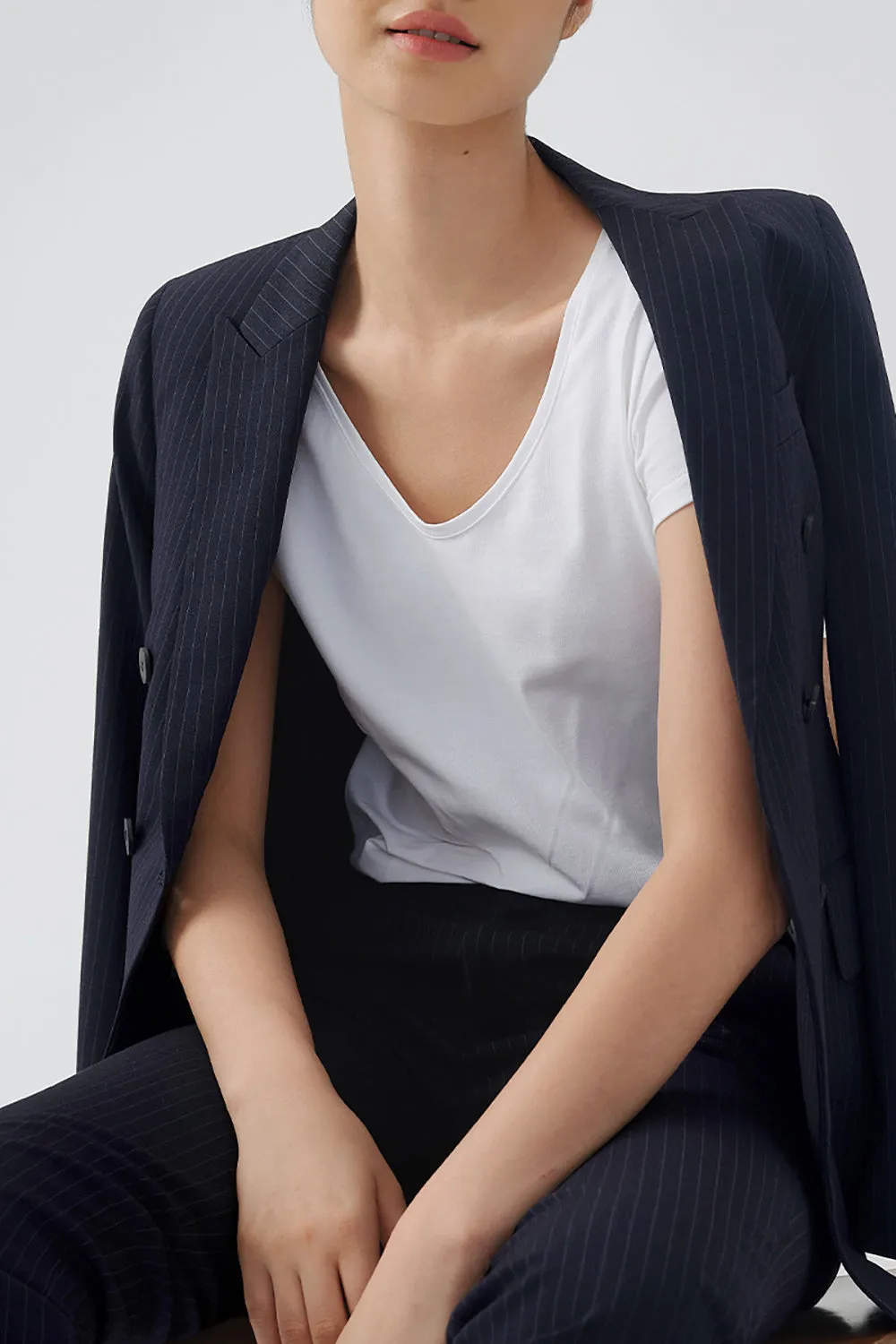 Black Striped Double Breasted Women Party Blazer sold by Zapaka product image thumbnail 2