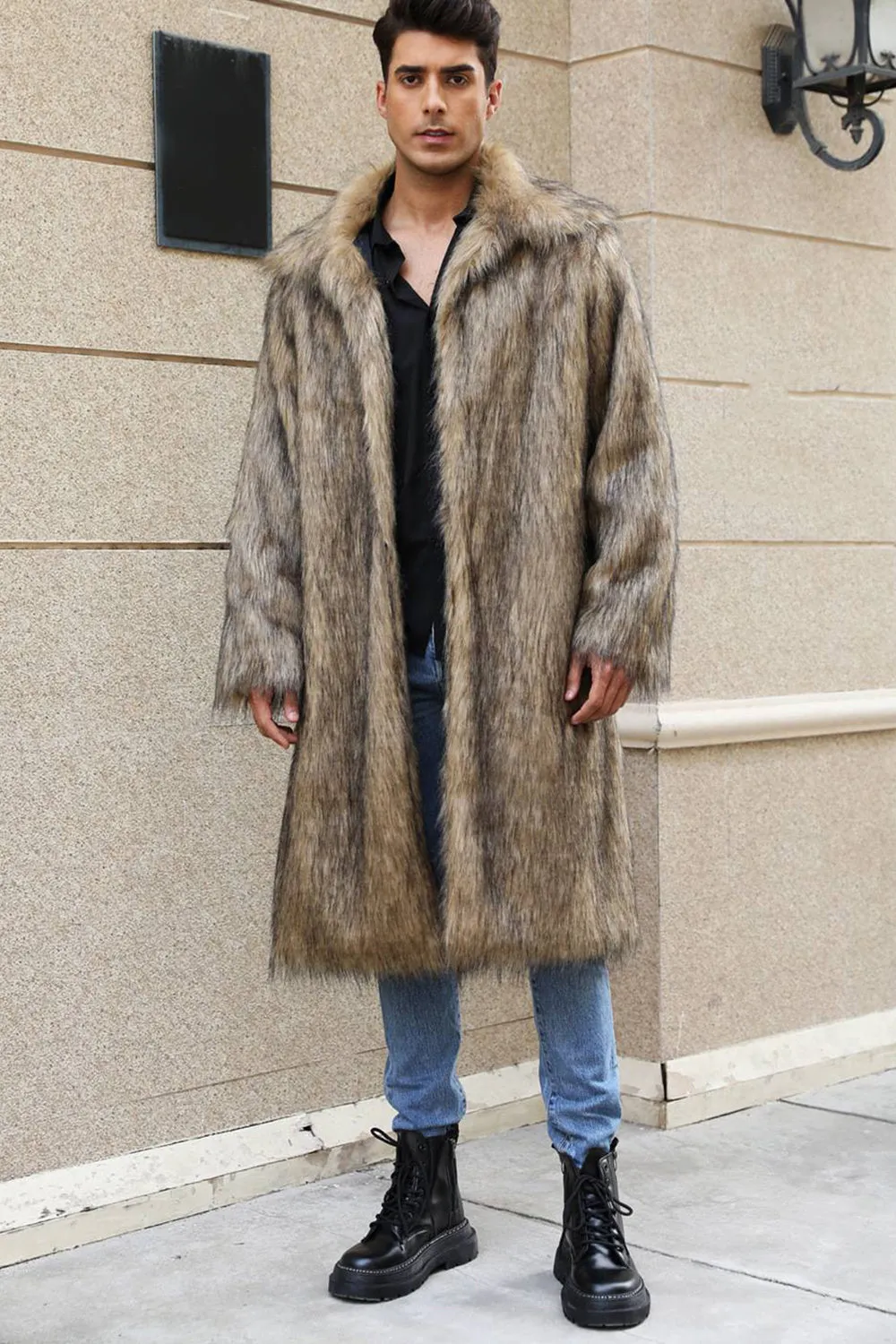 Brown Open Front Faux Fur Long Men Coat sold by Zapaka product image thumbnail 4