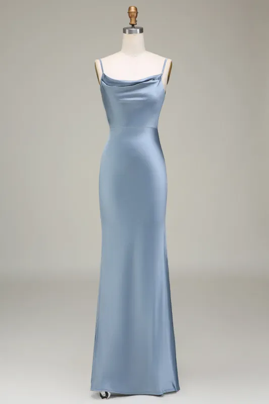 Dusty Blue Sheath Spaghetti Straps Satin Long Bridesmaid Dress sold by Zapaka