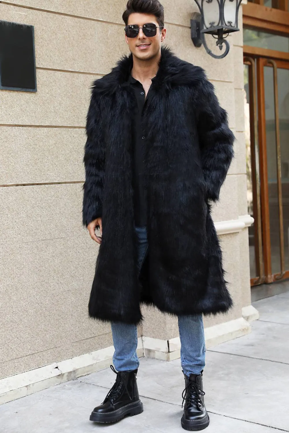 Brown Open Front Faux Fur Long Men Coat sold by Zapaka product image thumbnail 5