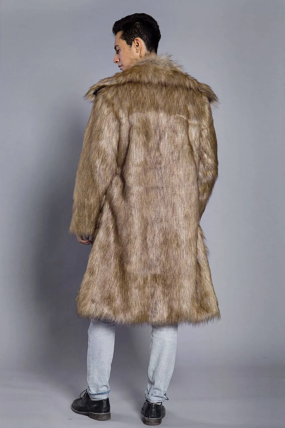 Brown Open Front Faux Fur Long Men Coat sold by Zapaka product image thumbnail 2