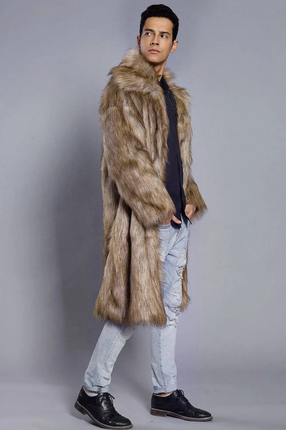 Brown Open Front Faux Fur Long Men Coat sold by Zapaka product image thumbnail 3