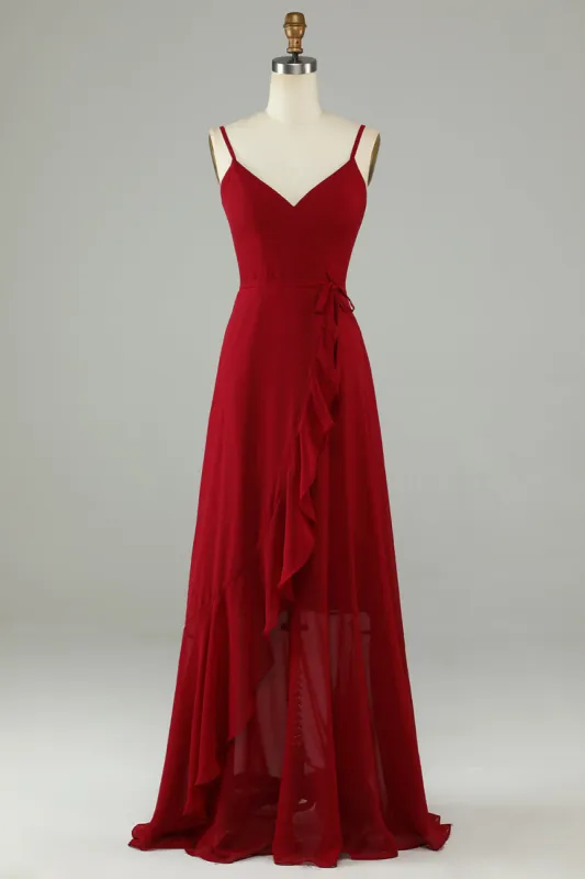 Chiffon Burgundy Spaghetti Straps Long Bridesmaid Dress with Ruffles sold by Zapaka