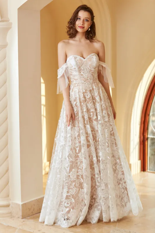 Gorgeous A Line Off the Shoulder White Lace Wedding Dress sold by Zapaka