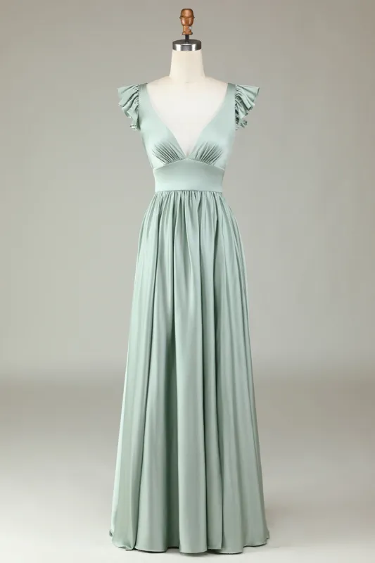 Deep V-Neck Matcha Long Bridesmaid Dress with Ruffles sold by Zapaka