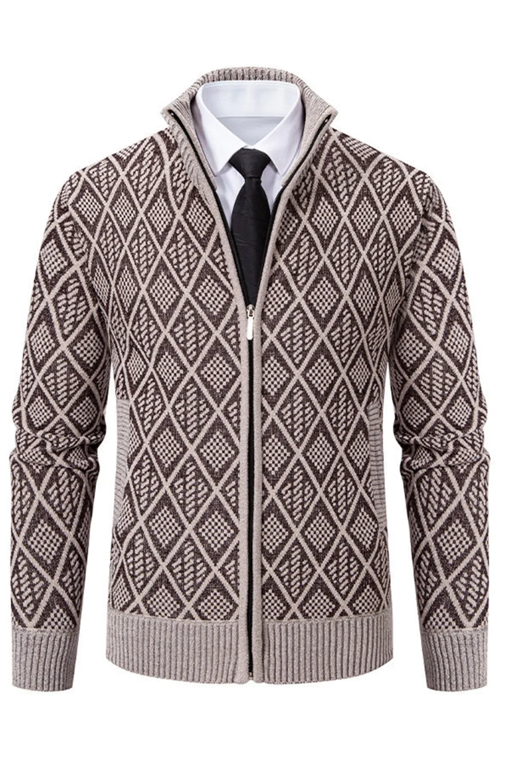 Men's Jacquard Plus Velvet Casual Stand Collar Cardigan Jacket sold by Zapaka