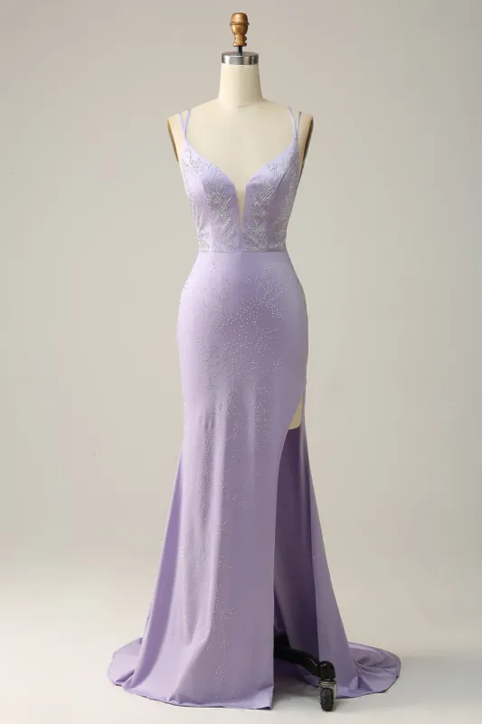 Mermaid Spaghetti Straps Lilac Long Prom Dress with Split Front sold by Zapaka