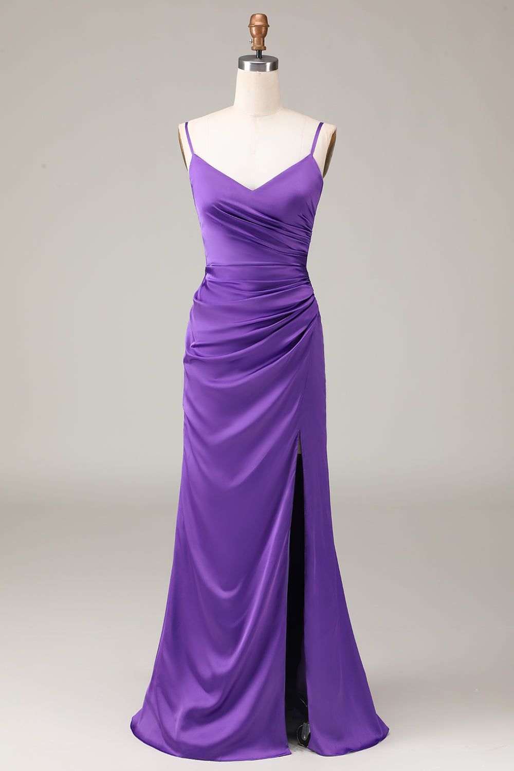 Purple Spaghetti Straps V-neck Sheath Satin Bridesmaid Dress with Slit sold by Zapaka