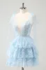 Glitter Blue A Line Embroidery Tiered Homecoming Dress with Appliques sold by Zapaka