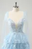 Glitter Blue A Line Embroidery Tiered Homecoming Dress with Appliques sold by Zapaka