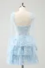 Glitter Blue A Line Embroidery Tiered Homecoming Dress with Appliques sold by Zapaka