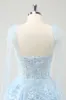 Glitter Blue A Line Embroidery Tiered Homecoming Dress with Appliques sold by Zapaka