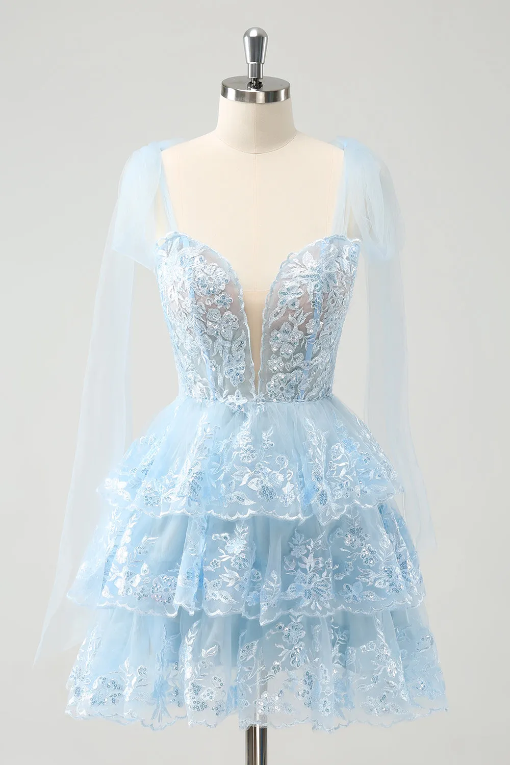 Glitter Blue A Line Embroidery Tiered Homecoming Dress with Appliques sold by Zapaka