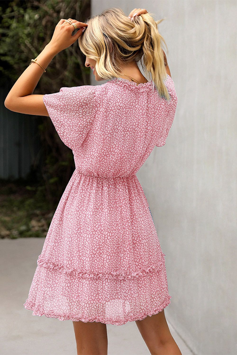 V Neck Pink Printed Summer Dress with Short Sleeves sold by Zapaka product image thumbnail 2