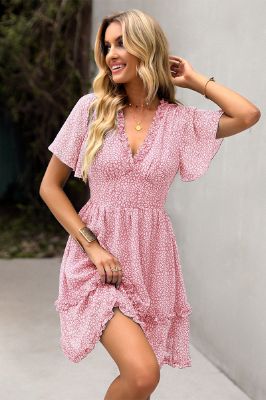 V Neck Pink Printed Summer Dress with Short Sleeves sold by Zapaka