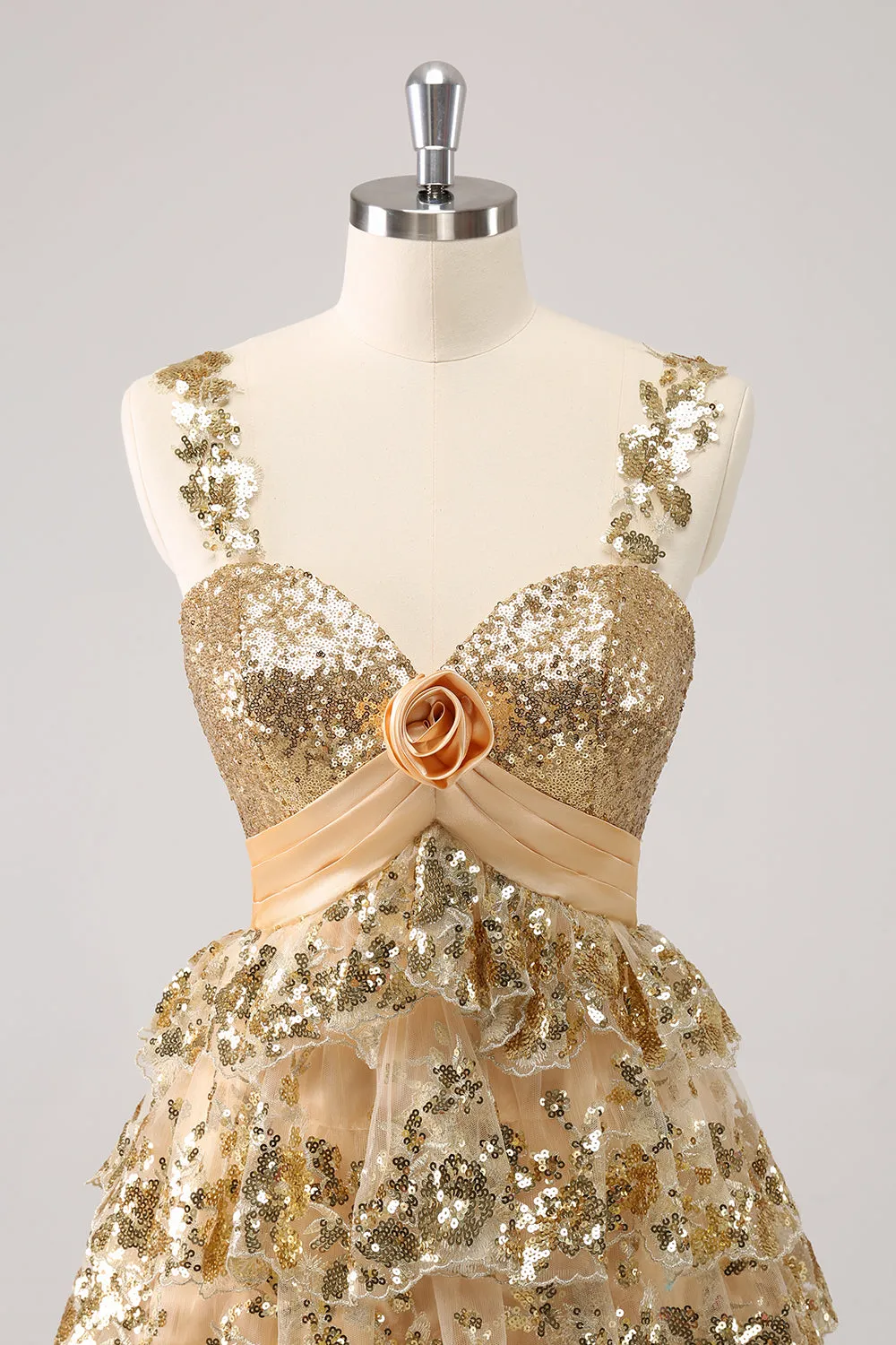 Golden A-Line Spaghetti Straps Sequined Homecoming Dress with Flower sold by Zapaka product image thumbnail 4