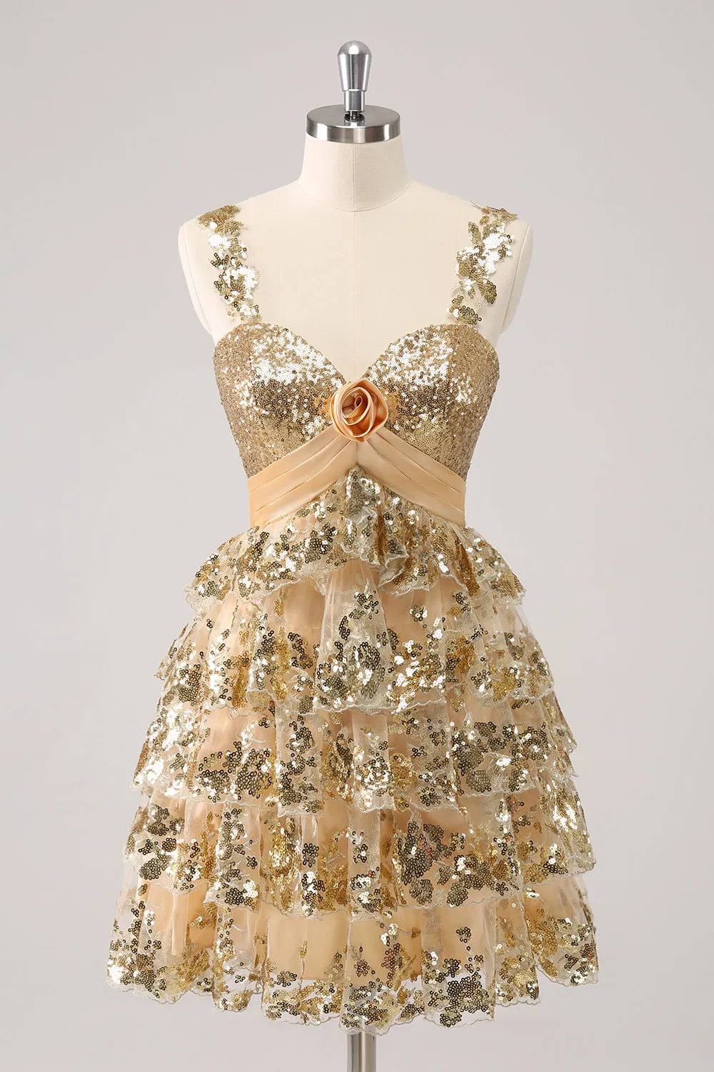 Golden A-Line Spaghetti Straps Sequined Homecoming Dress with Flower sold by Zapaka