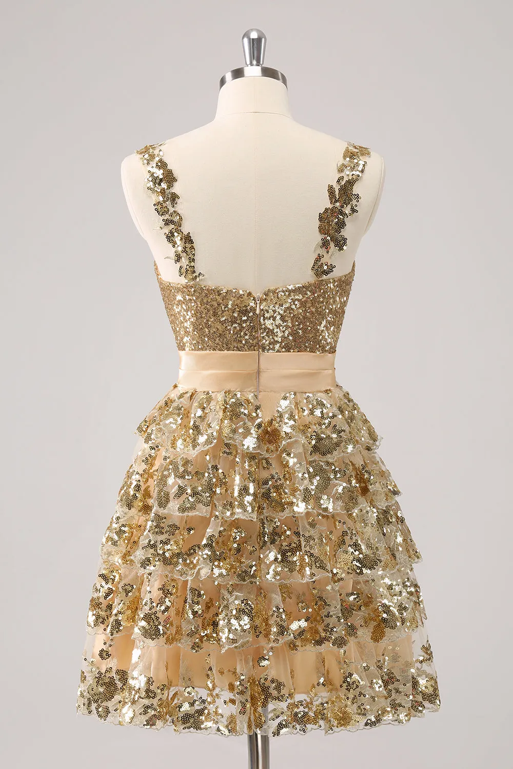 Golden A-Line Spaghetti Straps Sequined Homecoming Dress with Flower sold by Zapaka product image thumbnail 2