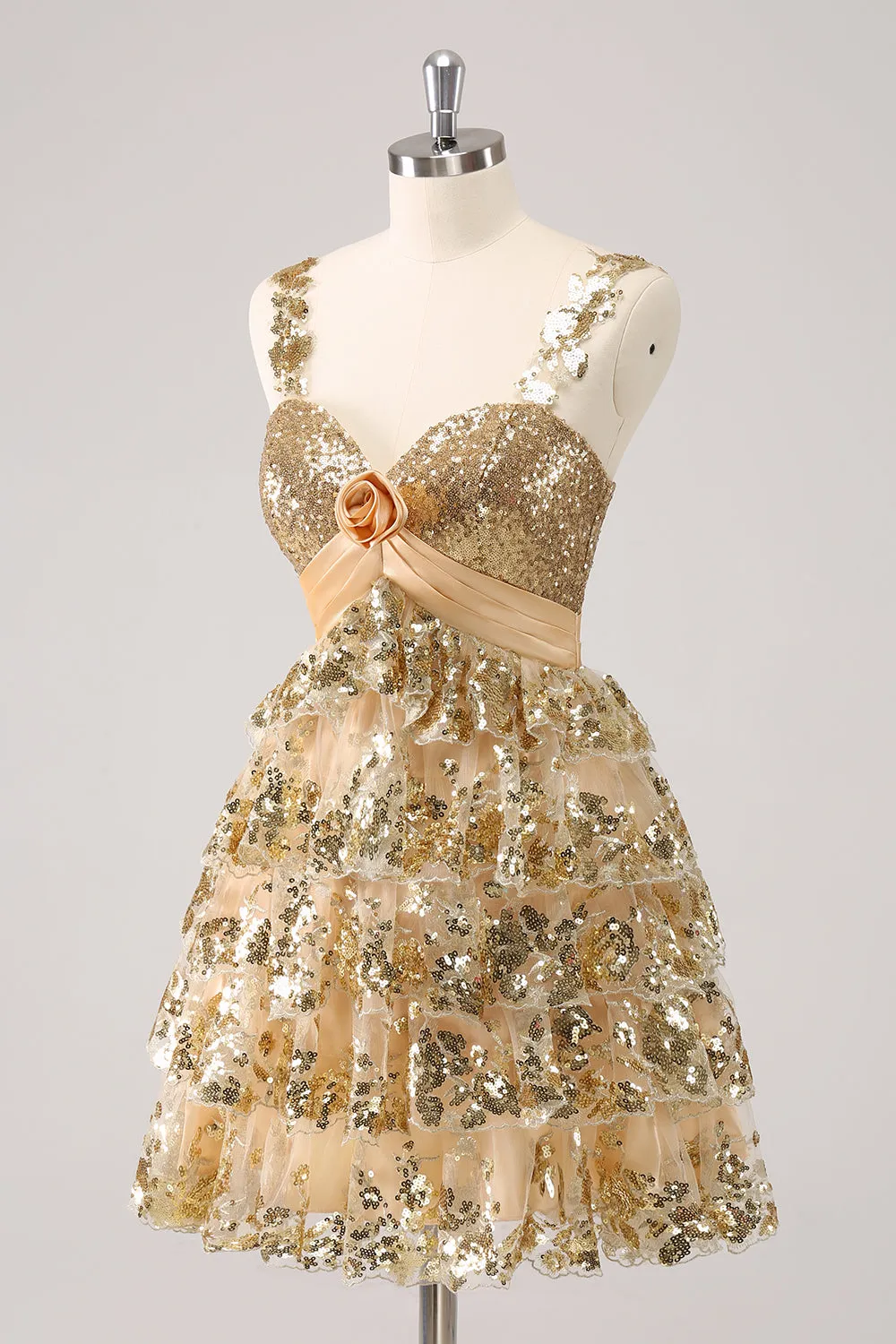 Golden A-Line Spaghetti Straps Sequined Homecoming Dress with Flower sold by Zapaka product image thumbnail 3