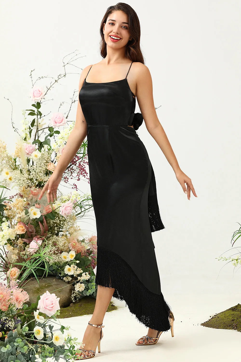 Sheath Spaghetti Straps Black Tea Length Prom Dress with Bowknot sold by Zapaka product image thumbnail 5