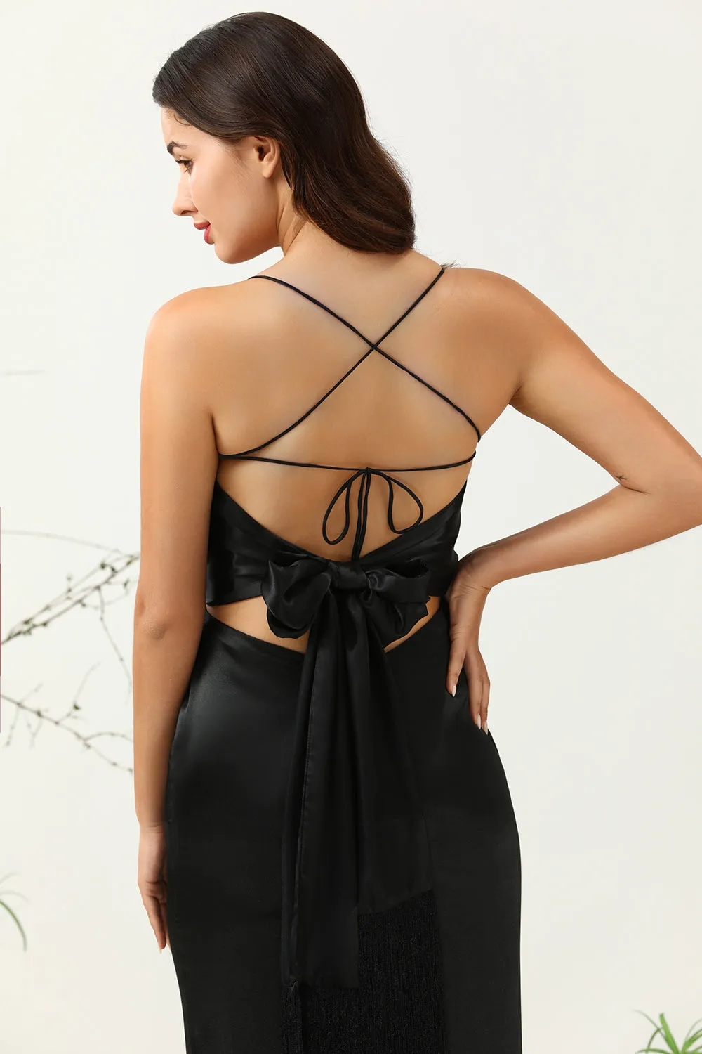 Sheath Spaghetti Straps Black Tea Length Prom Dress with Bowknot sold by Zapaka product image thumbnail 2