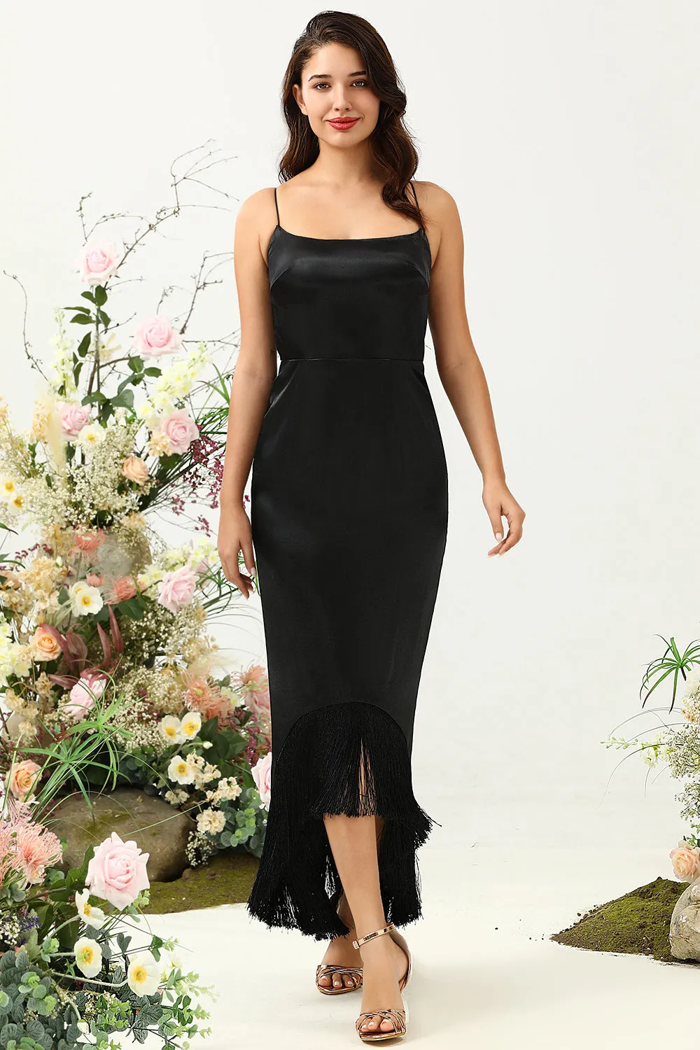 Sheath Spaghetti Straps Black Tea Length Prom Dress with Bowknot sold by Zapaka product image thumbnail 4