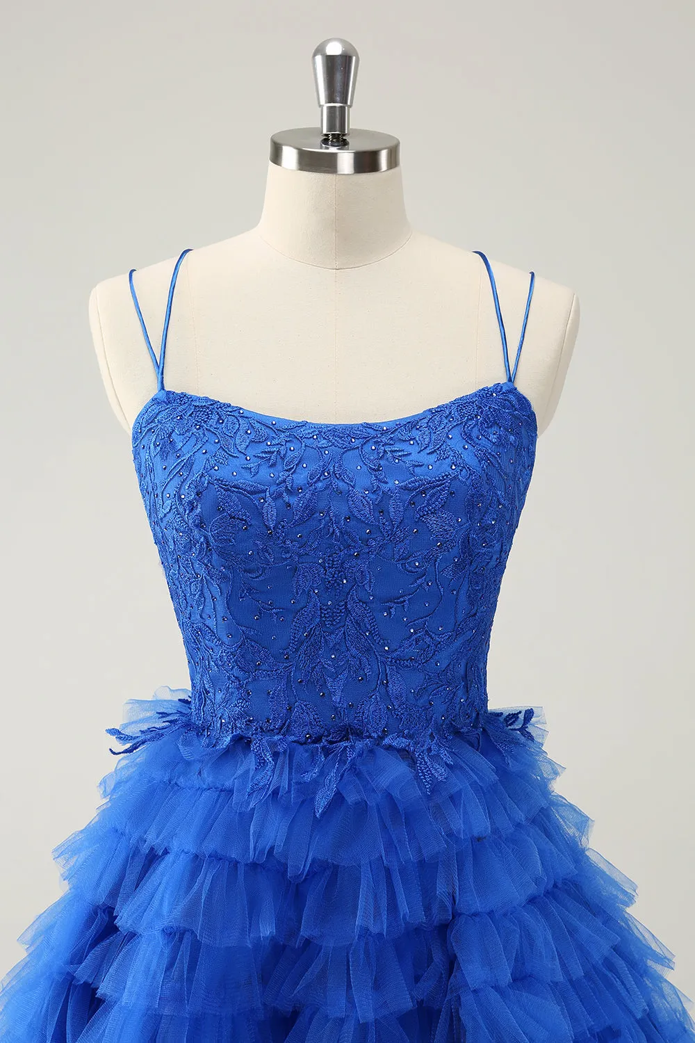 Blue A Line Spaghetti Straps Tulle Cute Homecoming Dress with Ruffles sold by Zapaka product image thumbnail 4
