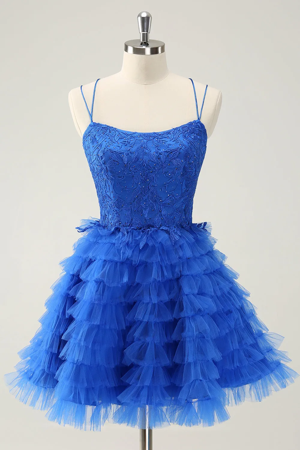 Blue A Line Spaghetti Straps Tulle Cute Homecoming Dress with Ruffles sold by Zapaka