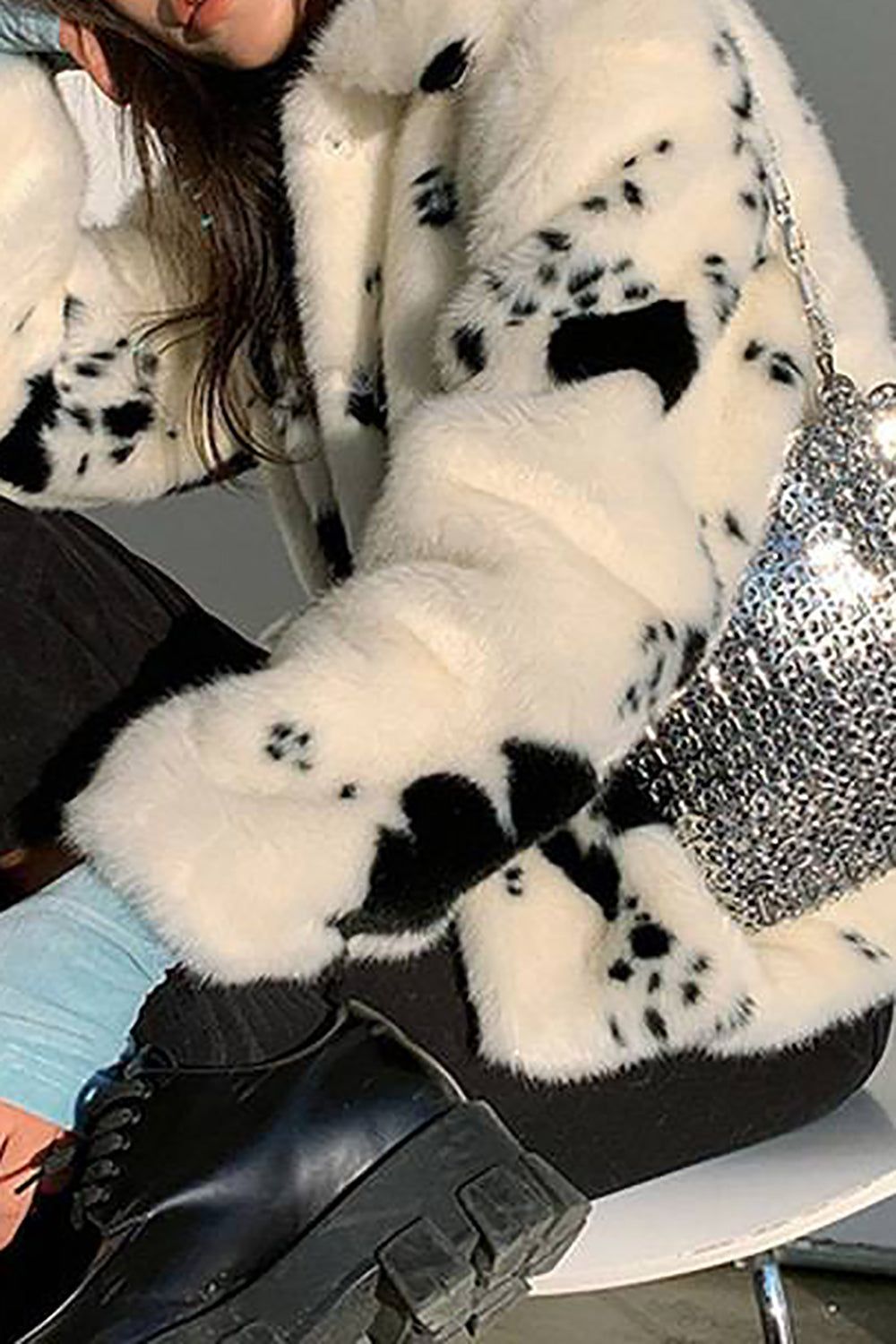 White Printed Lapel Faux Fur Women Coat sold by Zapaka product image thumbnail 2