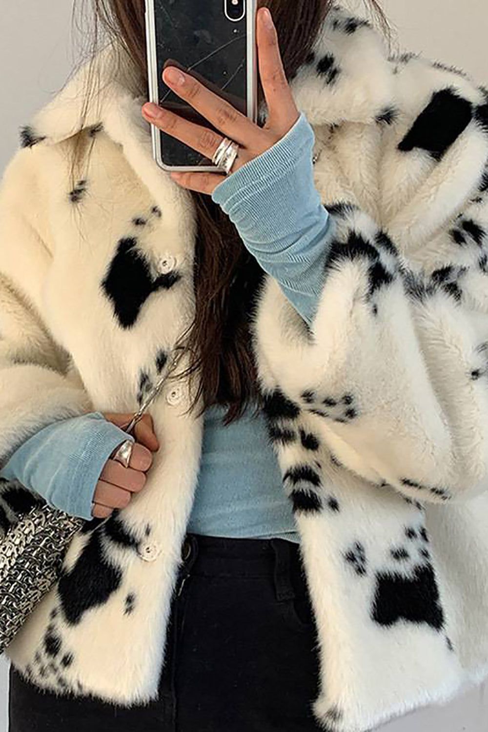 White Printed Lapel Faux Fur Women Coat sold by Zapaka