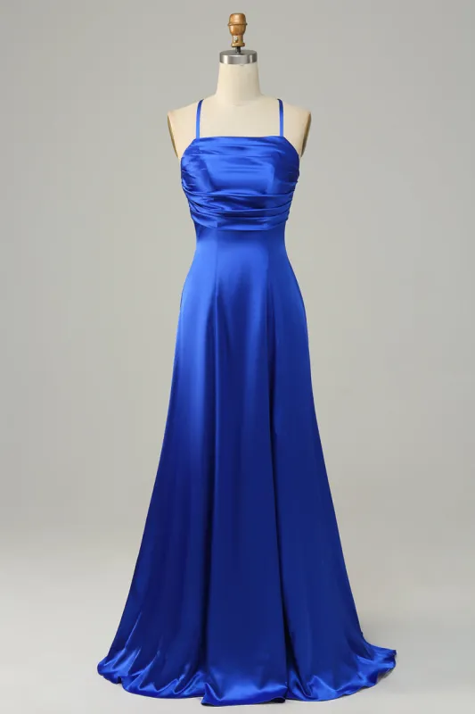 Royal Blue Halter A Line Long Bridesmaid Dress sold by Zapaka