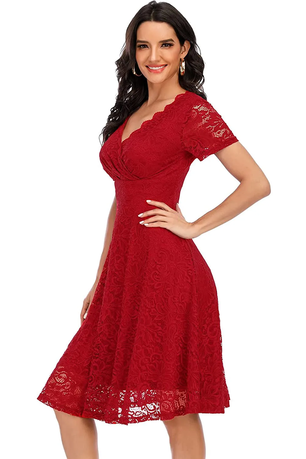 Red V-neck Lace Dress sold by Zapaka product image thumbnail 3