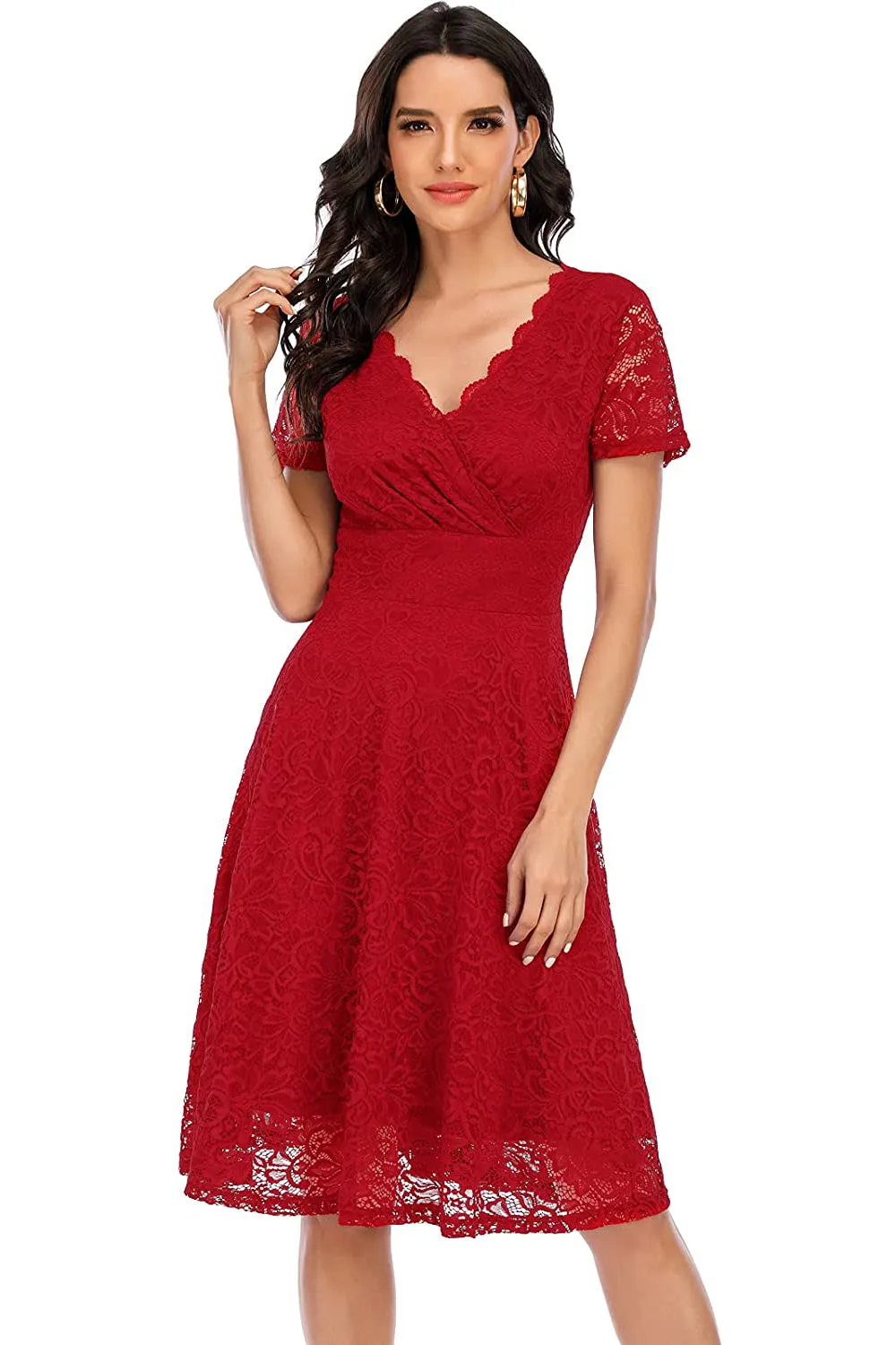 Red V-neck Lace Dress sold by Zapaka