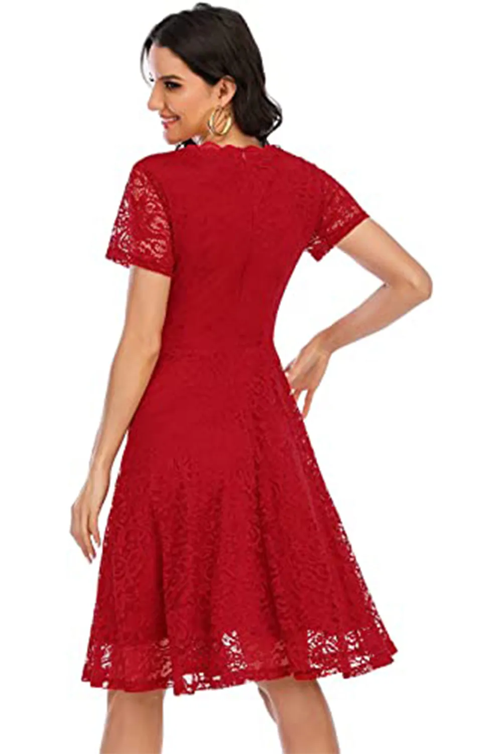 Red V-neck Lace Dress sold by Zapaka product image thumbnail 2