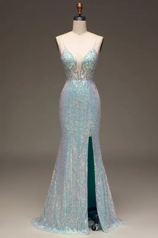 Sparkly Mermaid Grey Blue Prom Dress with Slit sold by Zapaka